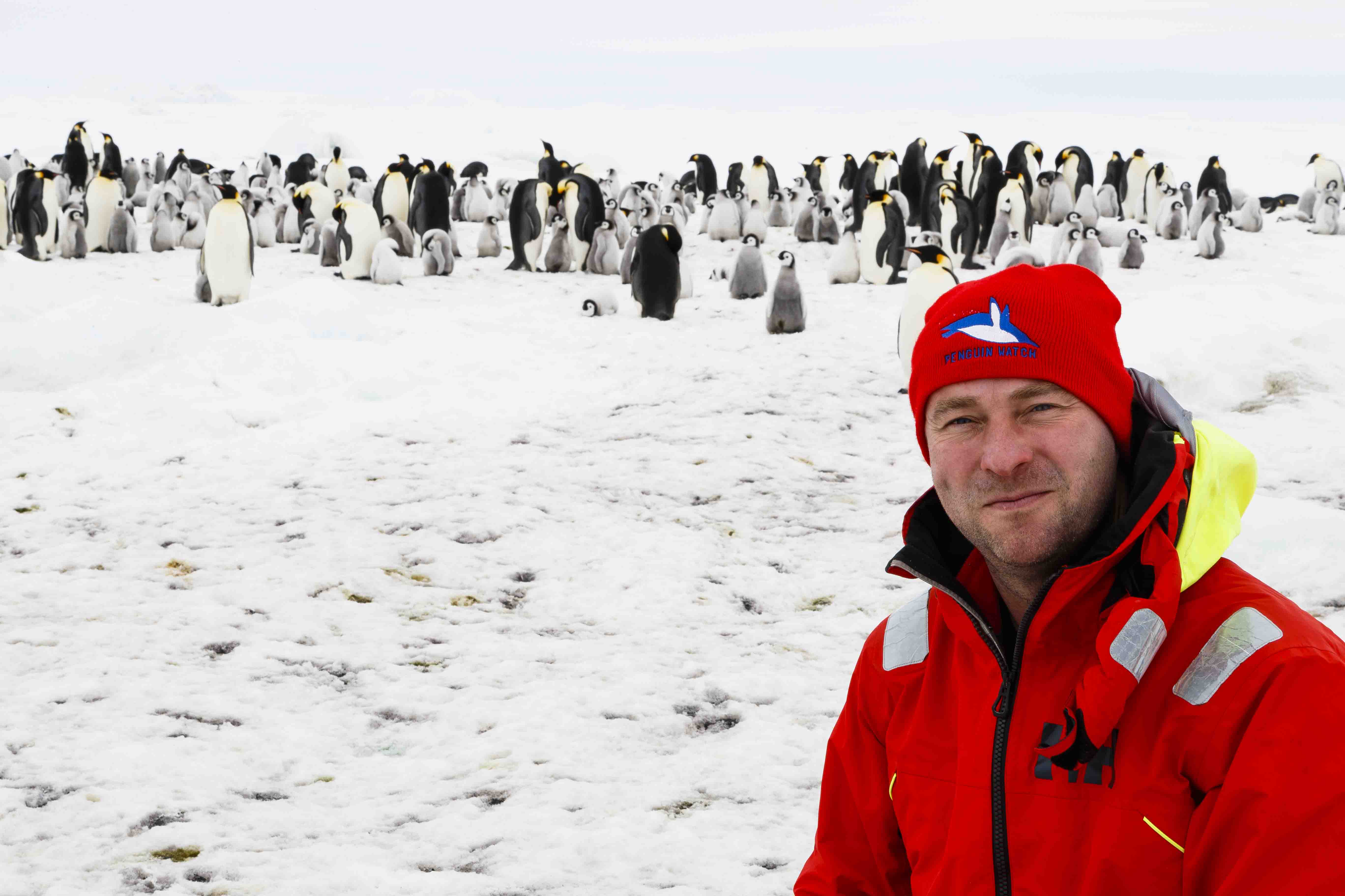 Headshot of lead penguinologist Dr. Tom Hart, from Penguin Watch. Emperor penguins can be seen in the background