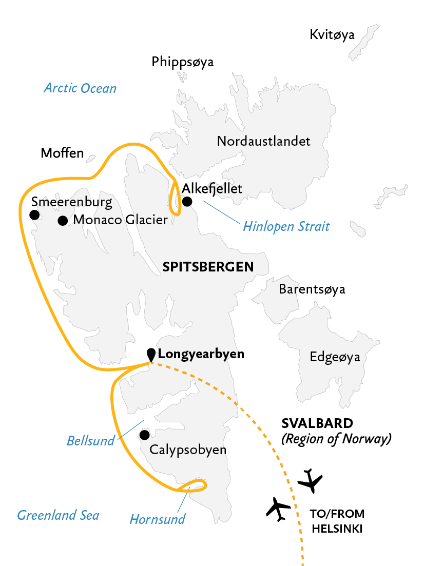 Intro to Spitsbergen: Fjords, Glaciers and Wildlife of Svalbard Itinerary Map