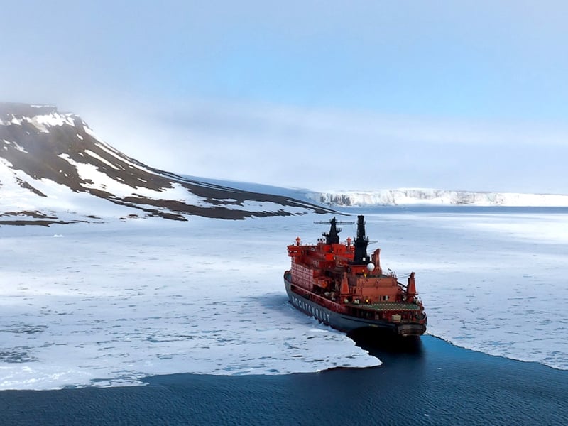 After a charter flight from Helsinki, Finland, passengers depart Murmansk, Russia, for the North Pole aboard 50 Years of Victory, the world’s most powerful nuclear icebreaker
