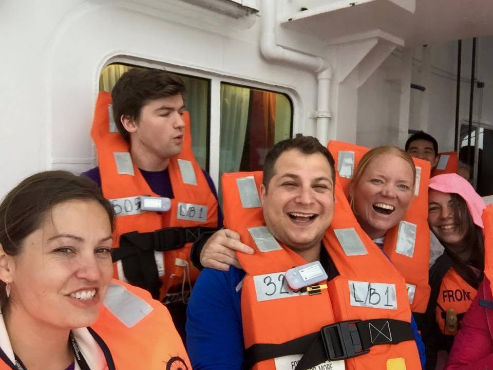 Enjoying our safety drill after just a few hours on the Ocean Diamond. Left to right: Amanda, Ben, Max, and JennieRae.
