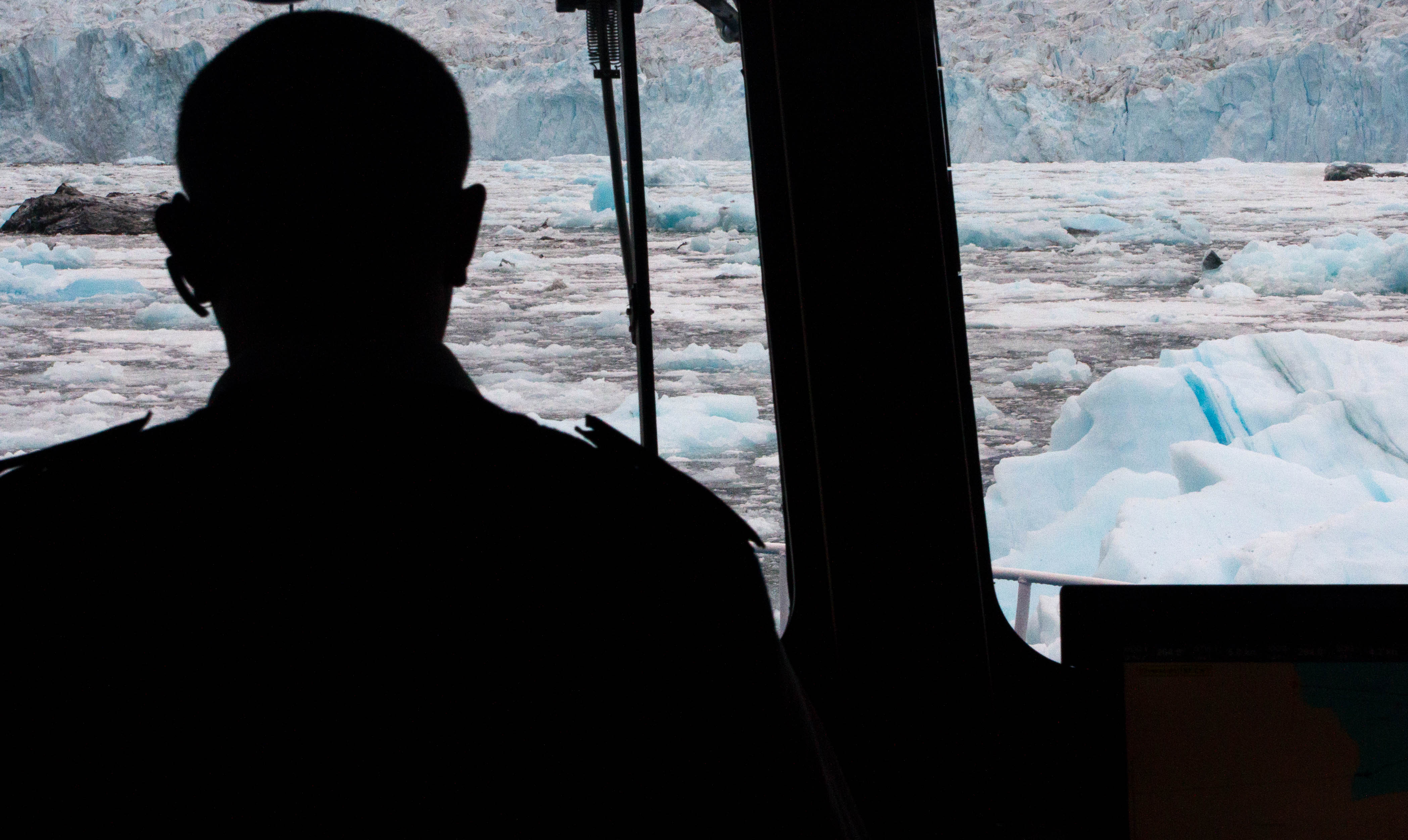 The Captain of the Ocean Nova traverses the ice-choked waters of Nordvestfjord