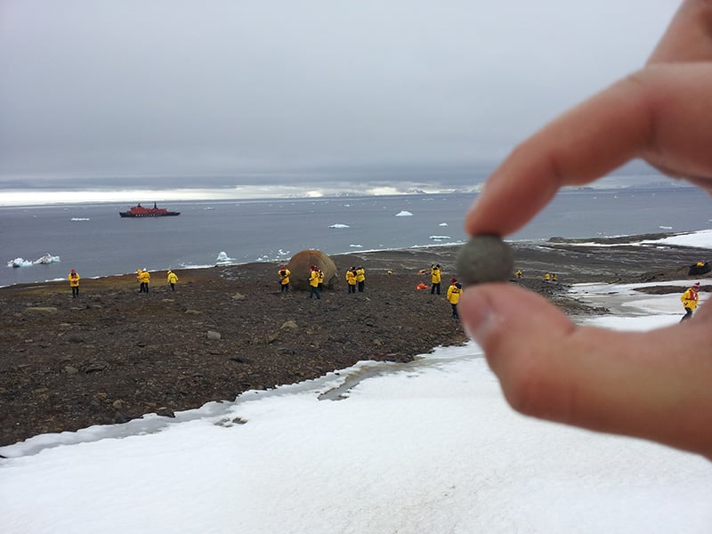Quark passengers explore a frigid Champ Island rock beach mysteriously littered with spherical stones of varying sizes in Franz Josef Land.