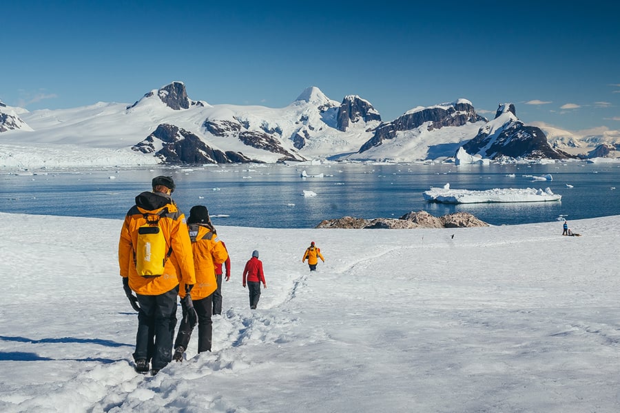 Passengers on a hike, during a landing on the Antarctic Peninsula