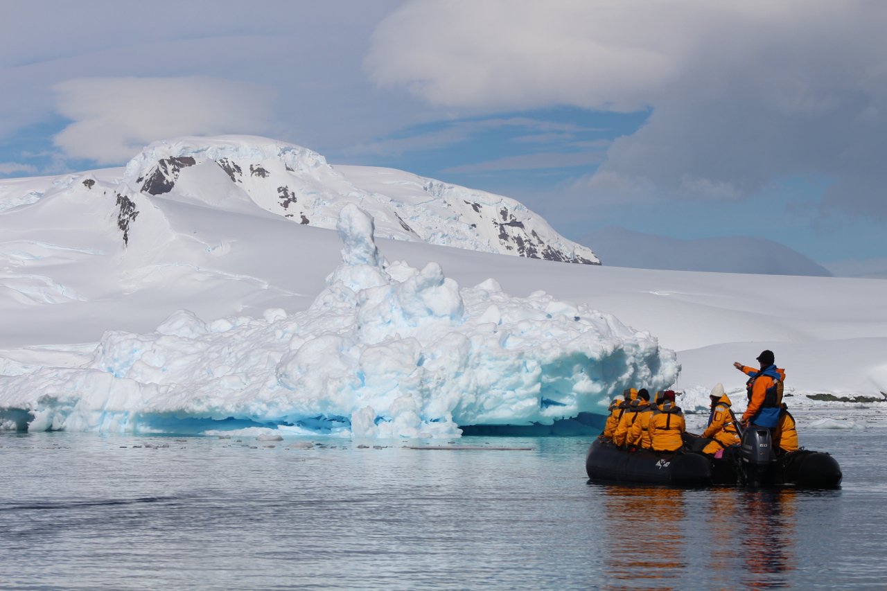 Passengers learn about the unique ecosystem of the Southern Ocean and Antarctica Peninsula while Zodiac cruising in Antarctica.