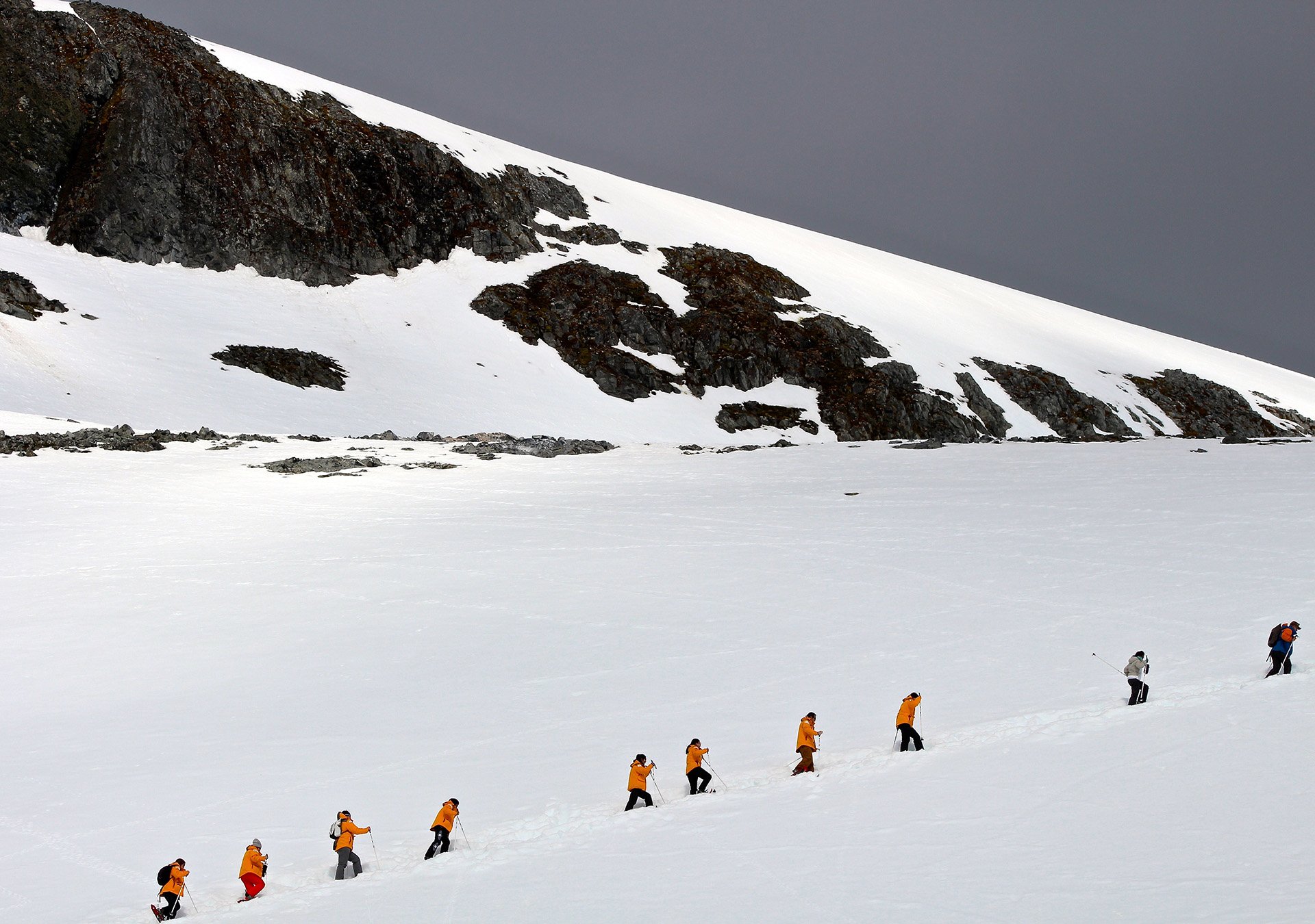 A group snowshoes up a gentle incline in the Antarctic.