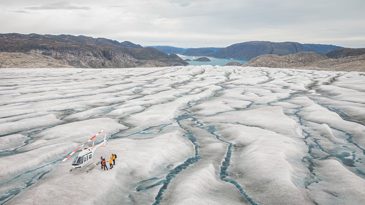 Greenland is home to the second-largest ice mass on the planet, the Greenland Ice Sheet, which Quark Expeditions&apos; guests can visit by helicopter.