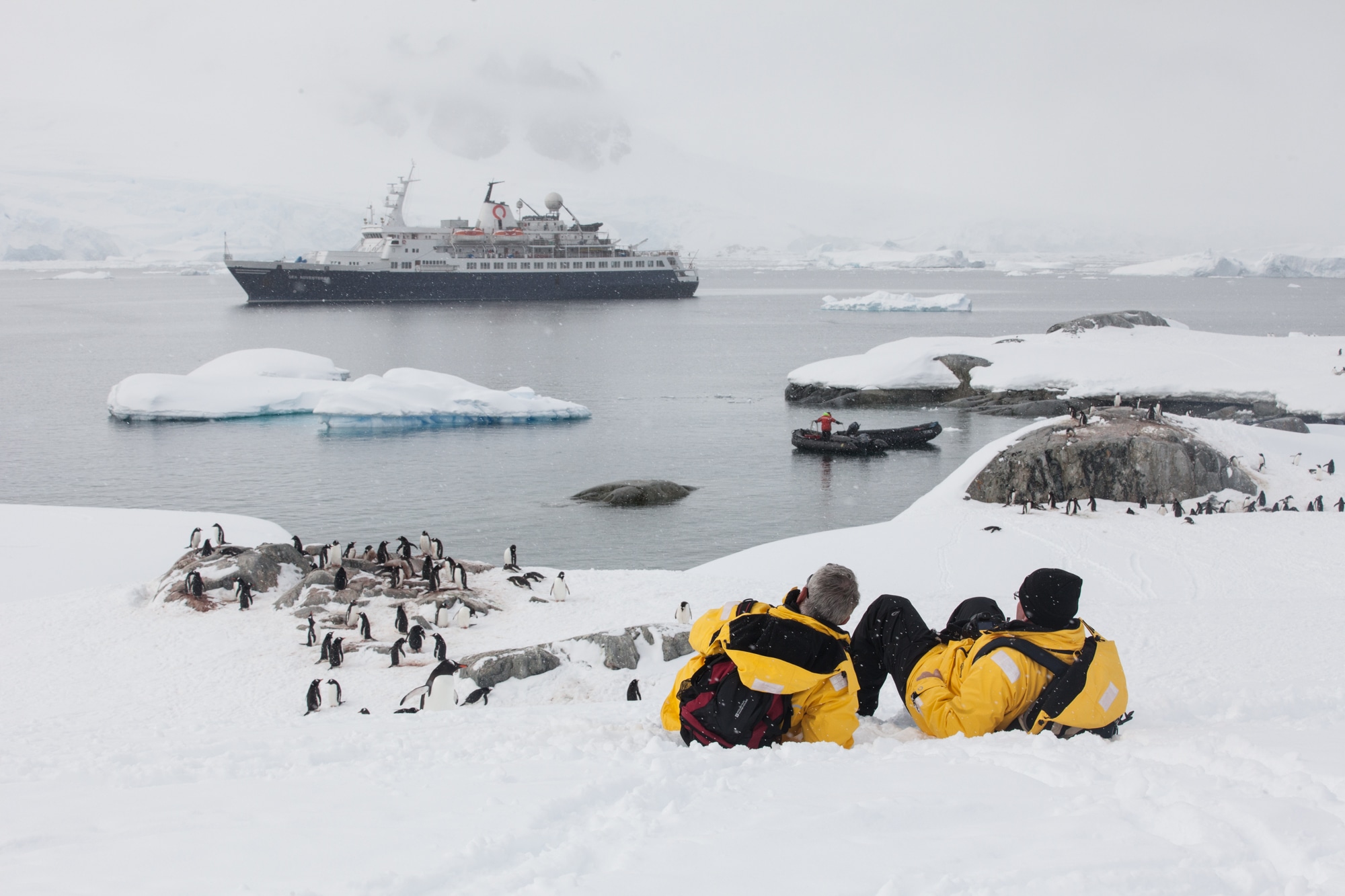 Quark Expeditions guests fully immerse themselves in the Antarctic environment during an off-ship excursion.