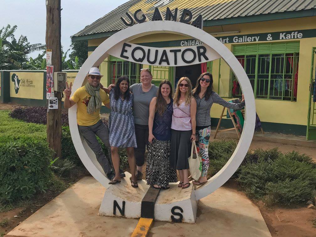 Crossing the Equator in Uganda. Left to right: Drago, Sumudu, JennieRae, Amanda, Jessica, Merideth.