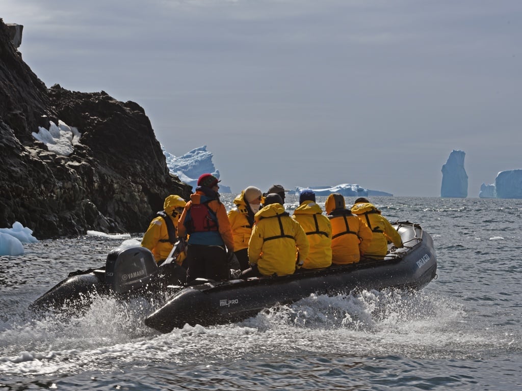 Passengers cruise the area around Spurt Island, Antarctica, en route to a shore landing.