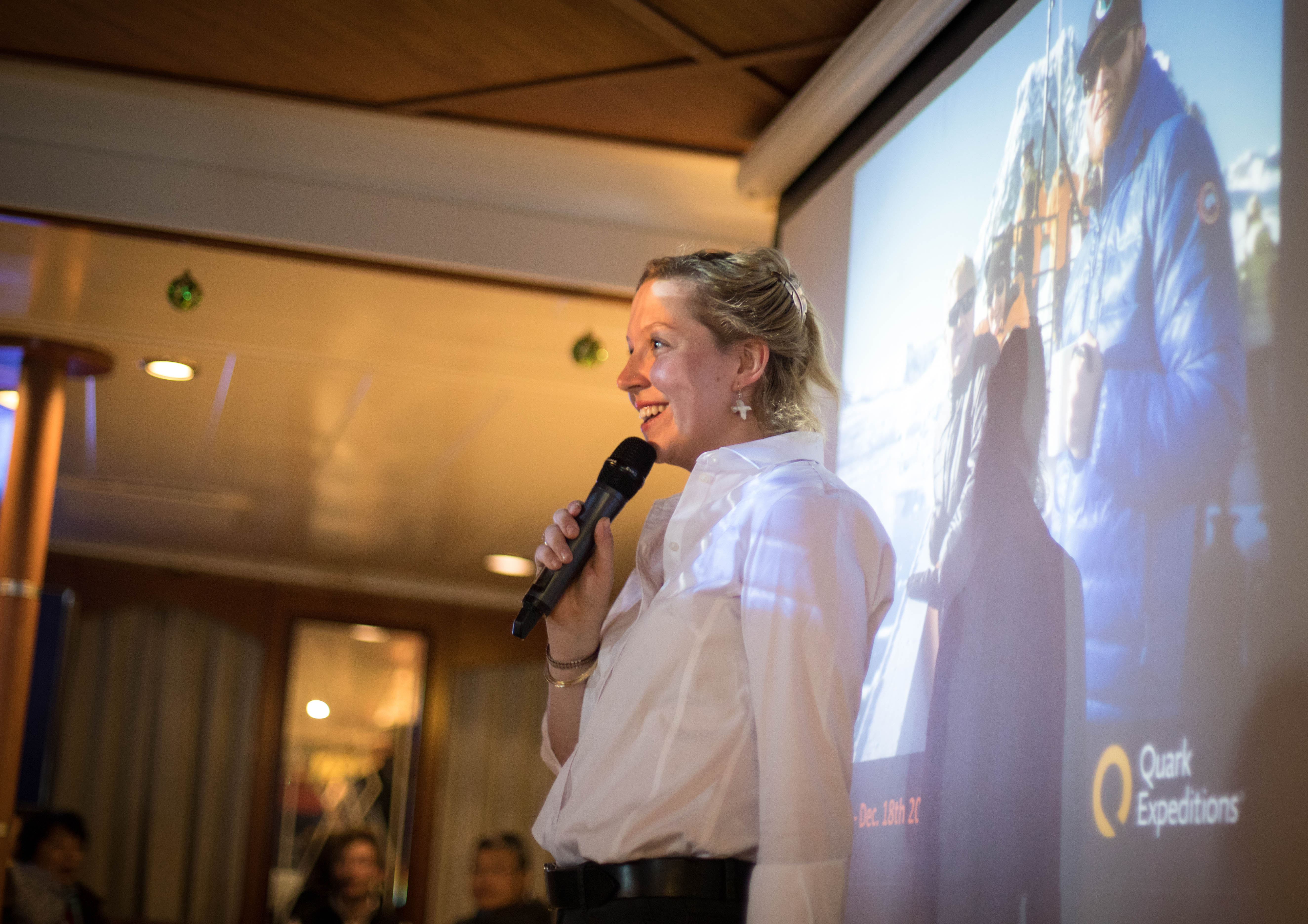 Expedition Team member Franny Bergschneider giving a lecture onboard the Ocean Diamond. Photo: Acacia Johnson