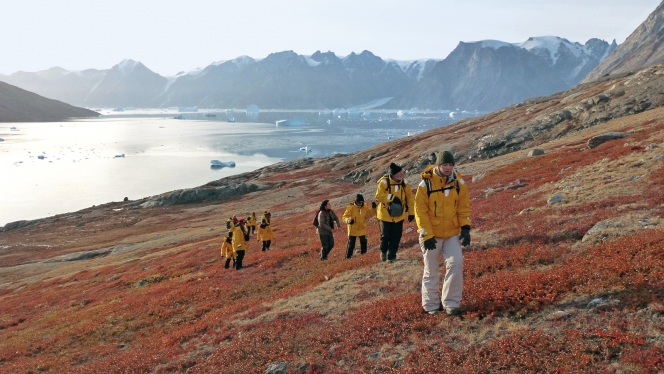 Passengers hike the fertile Arctic tundra on a gentle incline and enjoy the views of Spitsbergen on their way to the top.