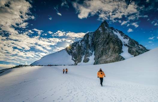 Passengers hiking in Antarctic Landscape