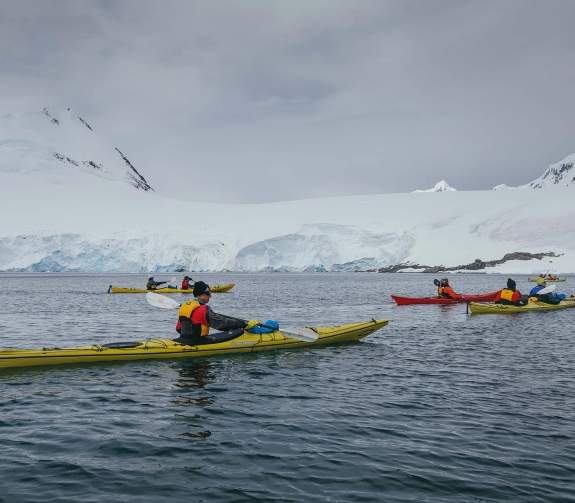 Passengers kayaking in Antarctic landscape