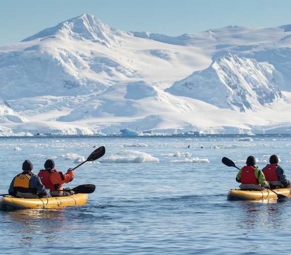 Passengers enjoying the paddling excursion experience in the Antarctic