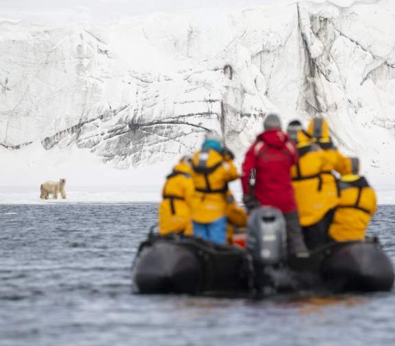 Zodiac cruising with polar bear in the distance