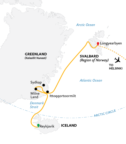 tourhub | Quark Expeditions | Three Arctic Islands: Iceland, Greenland, Spitsbergen | Tour Map