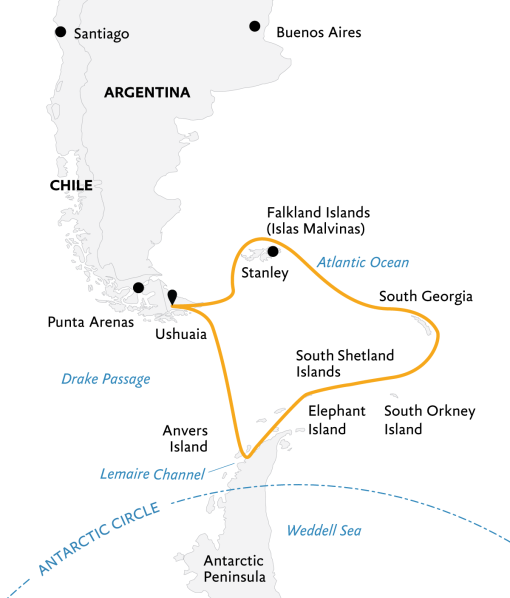 Falklands, South Georgia & Antarctica: Explorers and Kings (Itinerary Map)