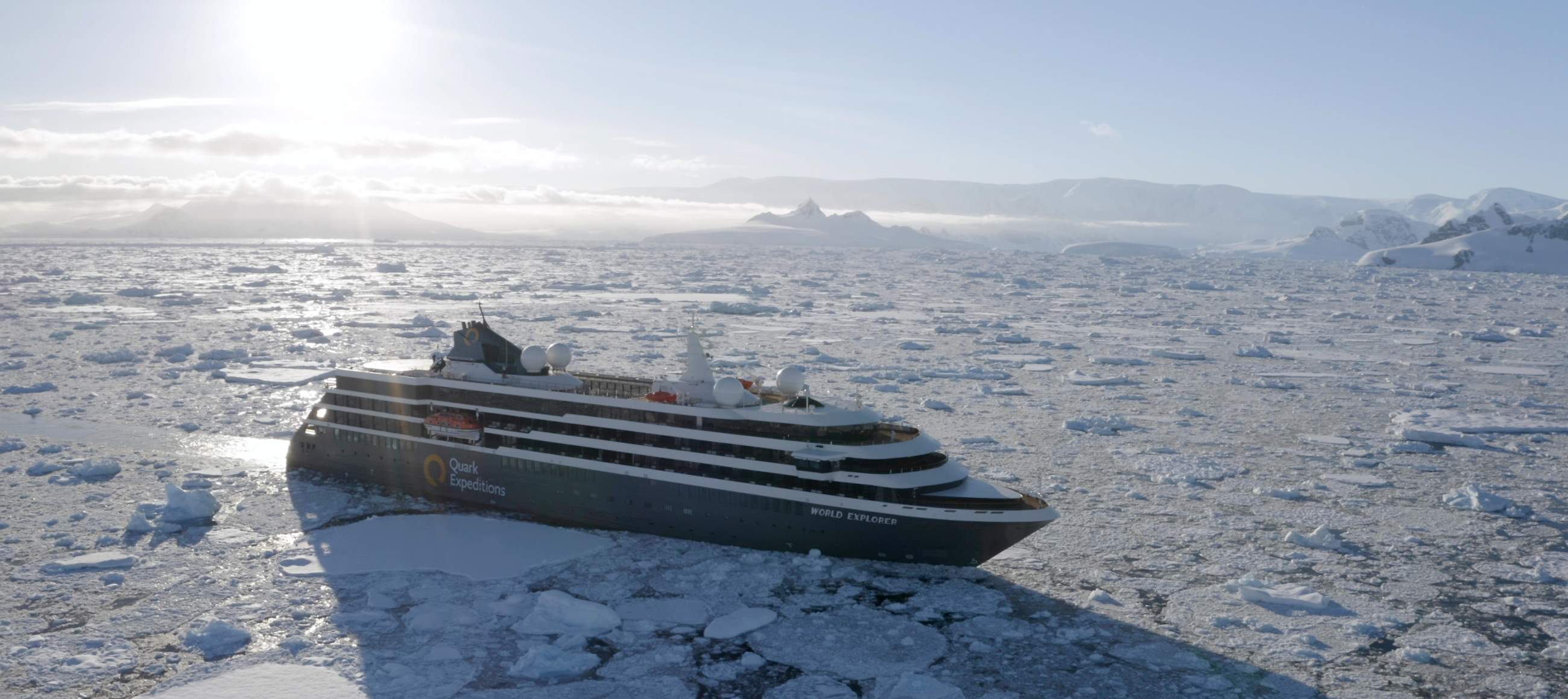 World Explorer cruising through sea ice in the Antarctic Peninsula. 